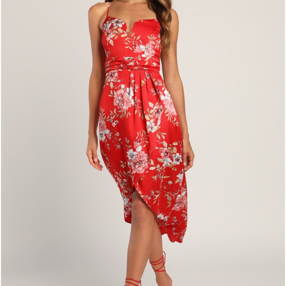 My Favorite Day Red Floral Print Tulip Skirt Midi Dress